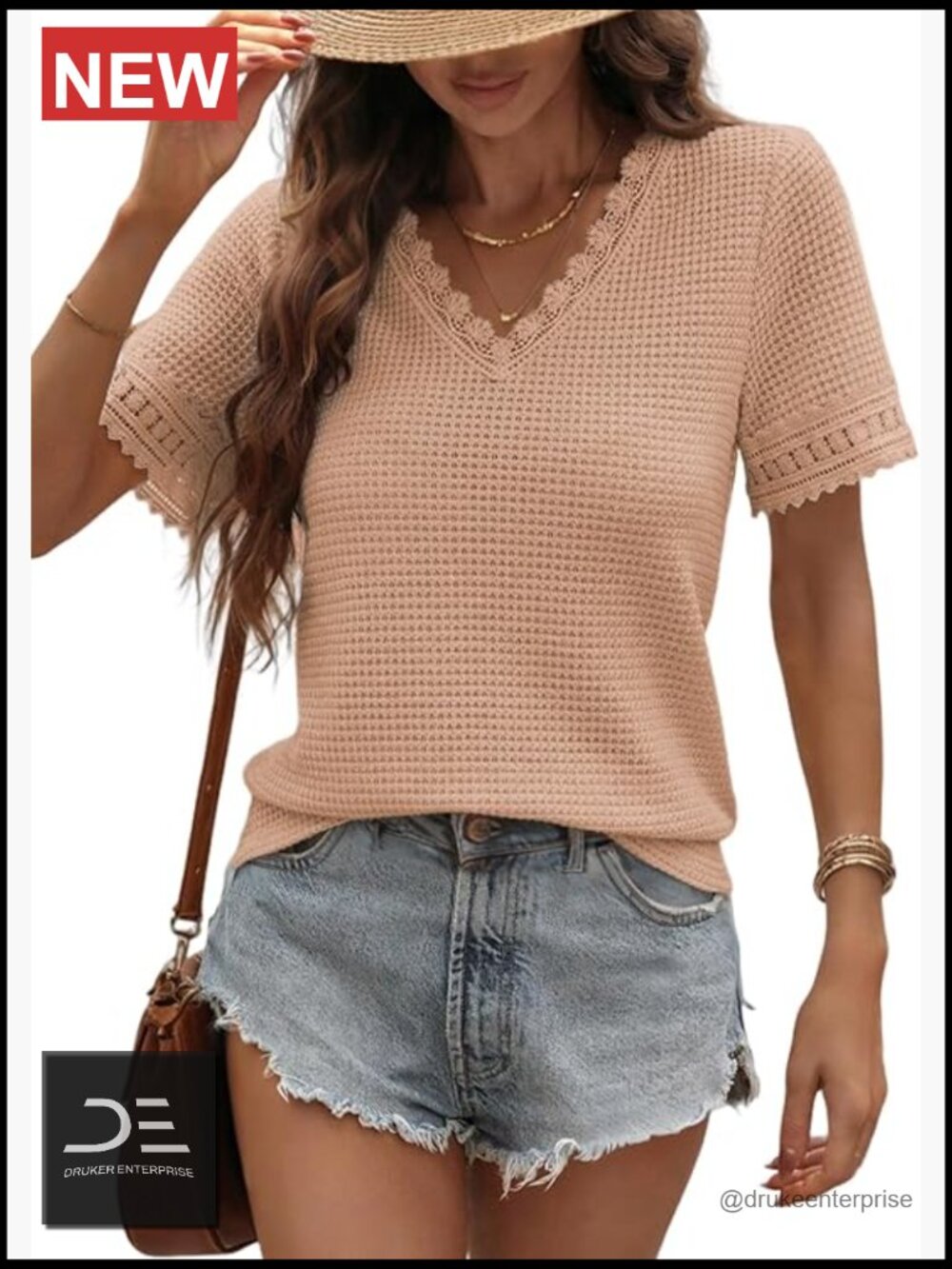 Women's V-Neck Short Sleeve Waffle Knit Lace Patchwork Tunic Top